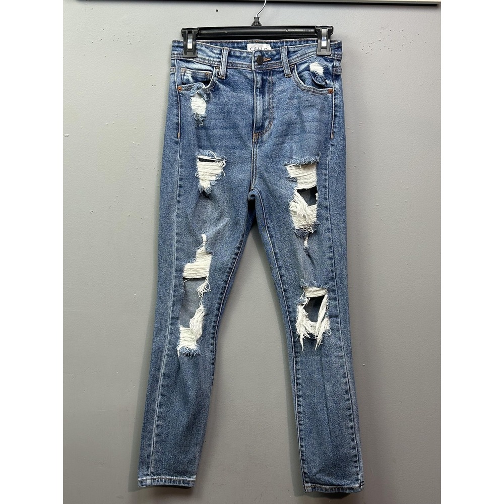 Cello Jeans Womens‎ Size 3 Blue Distressed High Rise Stretch Ripped Denim Pants